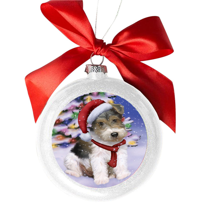 Winterland Wonderland Wire Fox Terrier Dog In Christmas Holiday Scenic Background White Round Ball Christmas Ornament WBSOR49663