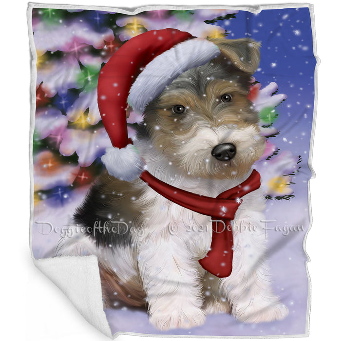 Winterland Wonderland Wire Fox Terrier Dog In Christmas Holiday Scenic Background Blanket BLNKT101469