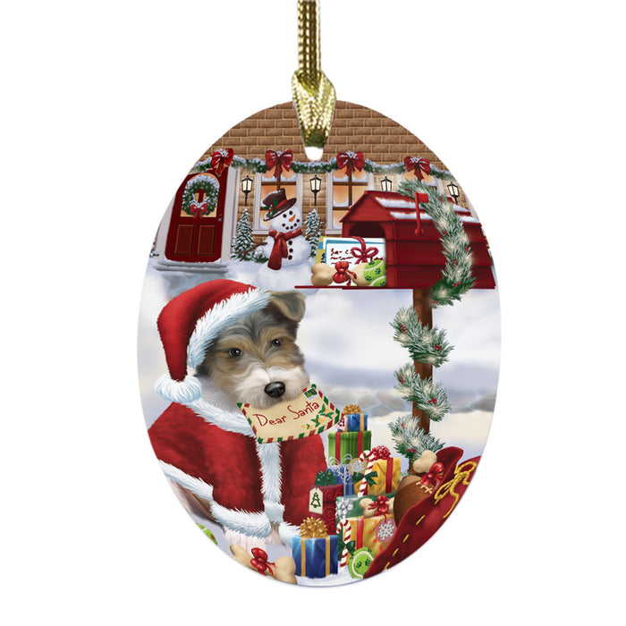 Wire Fox Terrier Dog Dear Santa Letter Christmas Holiday Mailbox Oval Glass Christmas Ornament OGOR49097