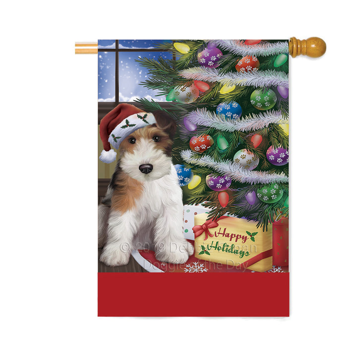 Personalized Christmas Happy Holidays Wire Fox Terrier Dog with Tree and Presents Custom House Flag FLG-DOTD-A58740