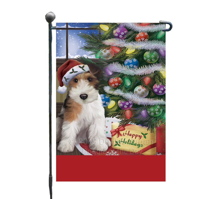 Personalized Christmas Happy Holidays Wire Fox Terrier Dog with Tree and Presents Custom Garden Flags GFLG-DOTD-A58684