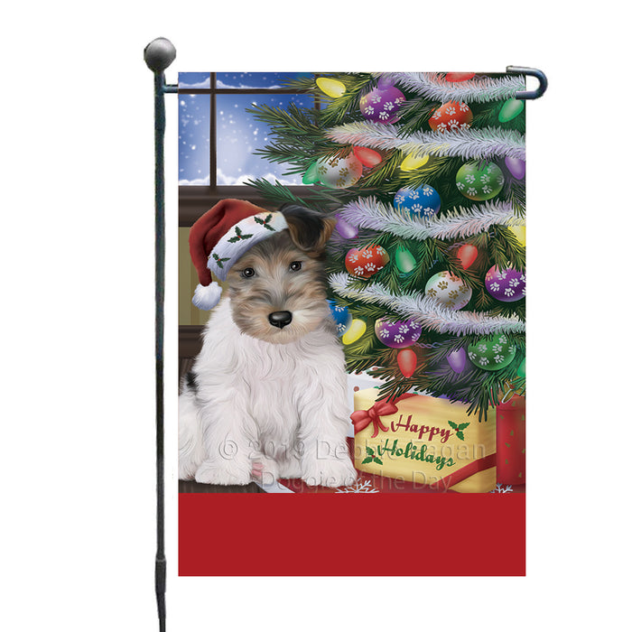 Personalized Christmas Happy Holidays Wire Fox Terrier Dog with Tree and Presents Custom Garden Flags GFLG-DOTD-A58685