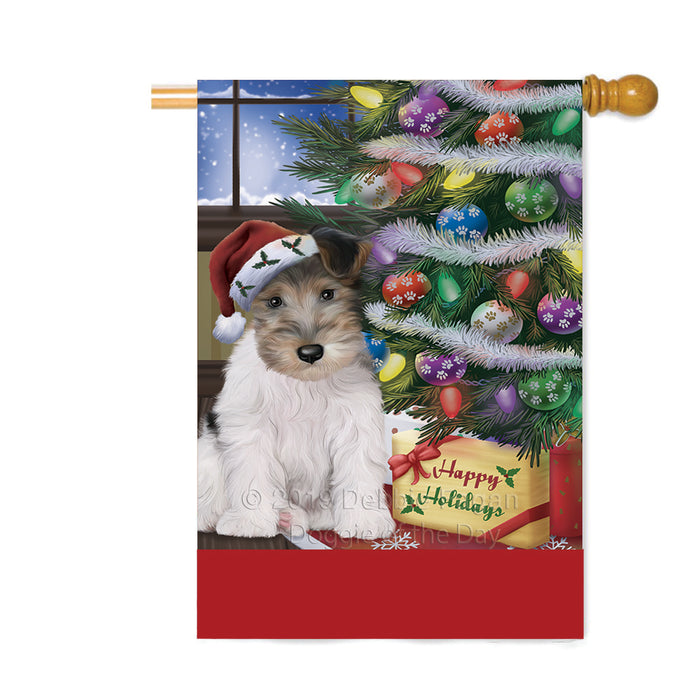 Personalized Christmas Happy Holidays Wire Fox Terrier Dog with Tree and Presents Custom House Flag FLG-DOTD-A58741