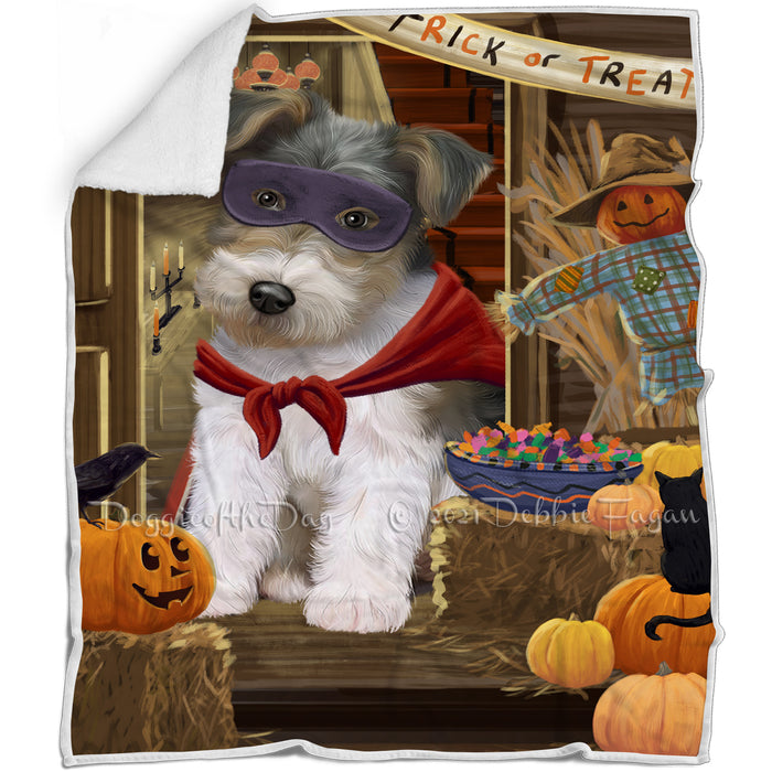 Enter at Own Risk Trick or Treat Halloween Wire Fox Terrier Dog Blanket BLNKT97446