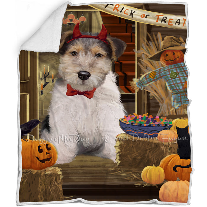 Enter at Own Risk Trick or Treat Halloween Wire Fox Terrier Dog Blanket BLNKT97464