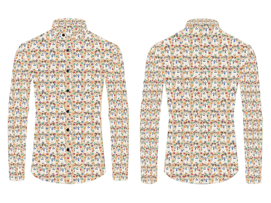 Rainbow Paw Print Wire Fox Terrier Dogs Blue All Over Print Casual Dress Men's Shirt