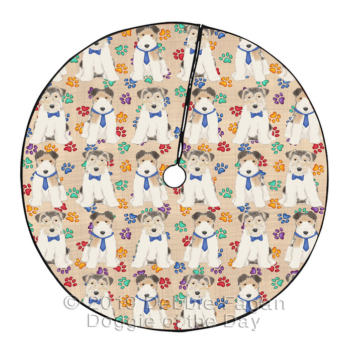 Rainbow Paw Print Wire Fox Terrier Dogs Blue Christmas Tree Skirt