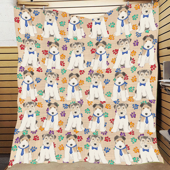 Rainbow Paw Print Wire Fox Terrier Dogs Blue Quilt