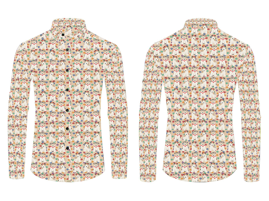 Rainbow Paw Print Wire Fox Terrier Dogs Red All Over Print Casual Dress Men's Shirt