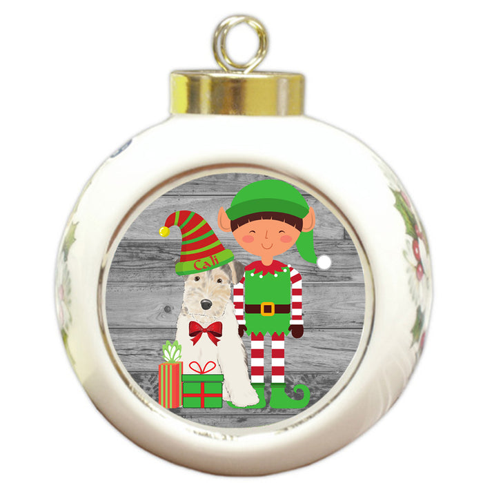 Custom Personalized Wire Fox Terrier Dog Elfie and Presents Christmas Round Ball Ornament
