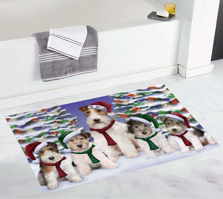 Wire Fox Terrier Dogs Christmas Family Portrait in Holiday Scenic Background Bath Mat