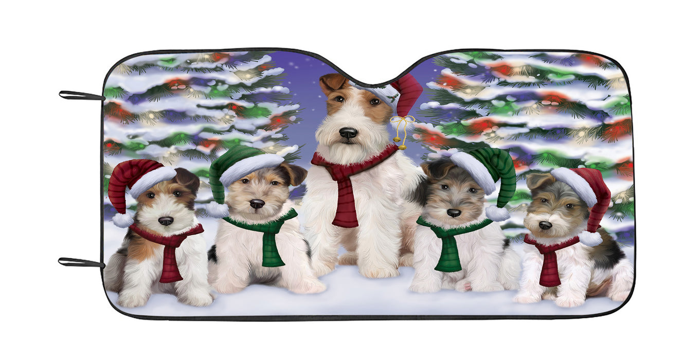Wire Fox Terrier Dogs Christmas Family Portrait in Holiday Scenic Background Car Sun Shade