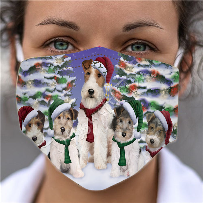 Wire Fox Terrier Dogs Christmas Family Portrait in Holiday Scenic Background Face Mask FM48392