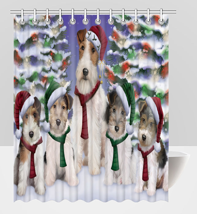 Wire Fox Terrier Dogs Christmas Family Portrait in Holiday Scenic Background Shower Curtain