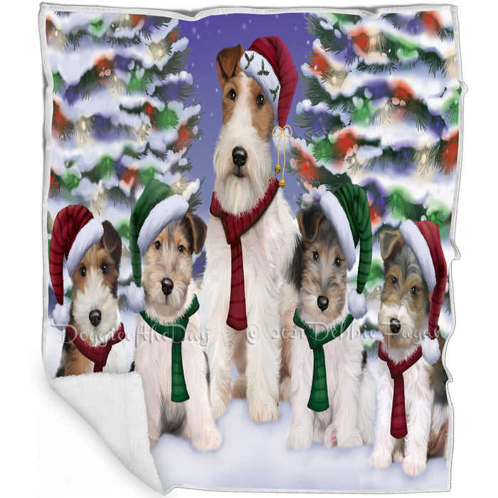 Wire Fox Terrier Dogs Christmas Family Portrait in Holiday Scenic Background Blanket BLNKT143275