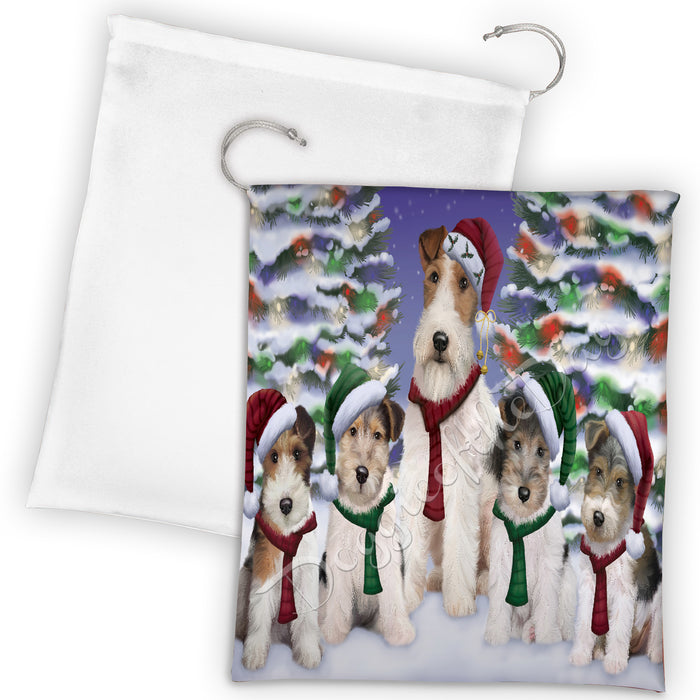 Wire Fox Terrier Dogs Christmas Family Portrait in Holiday Scenic Background Drawstring Laundry or Gift Bag LGB48190
