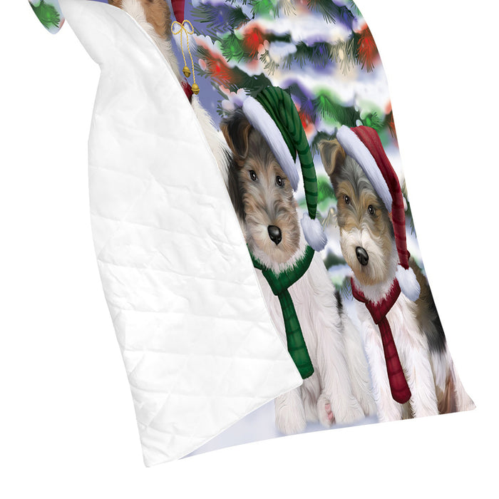 Wire Fox Terrier Dogs Christmas Family Portrait in Holiday Scenic Background Quilt
