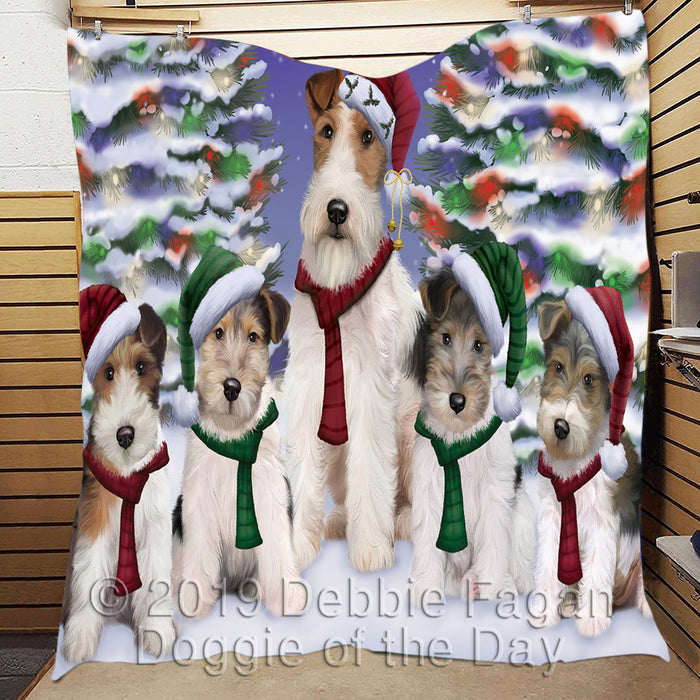Wire Fox Terrier Dogs Christmas Family Portrait in Holiday Scenic Background Quilt