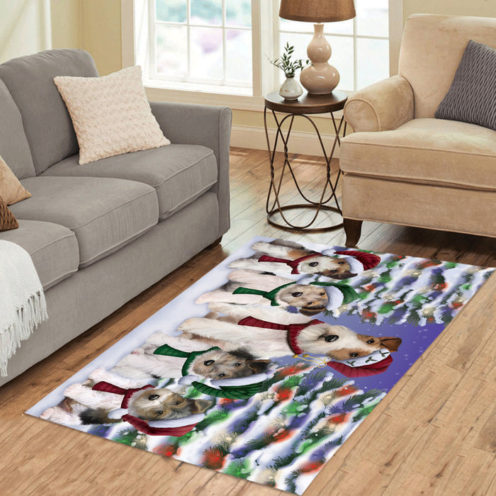 Wire Fox Terrier Dogs Christmas Family Portrait in Holiday Scenic Background Area Rug