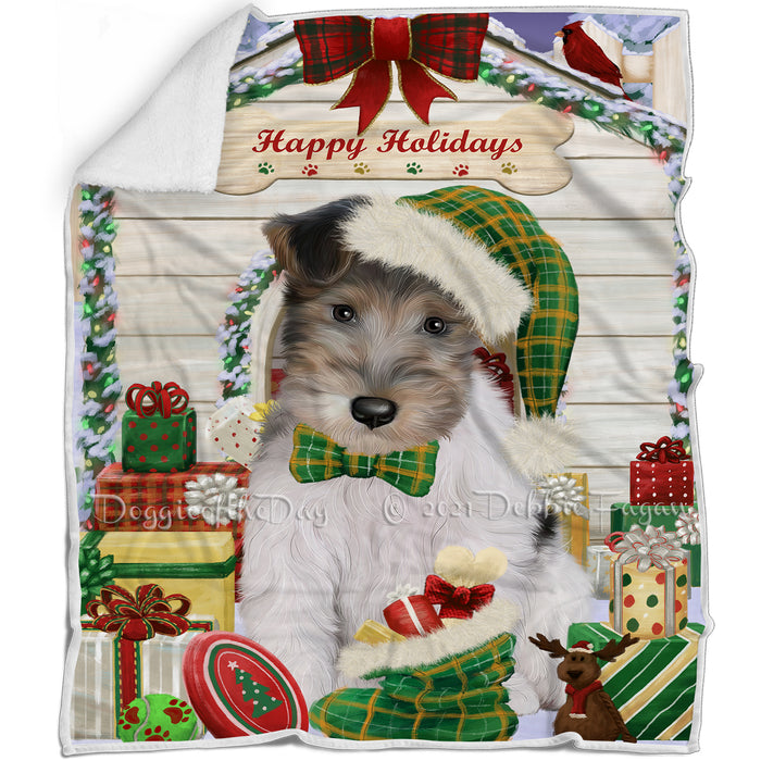 Happy Holidays Christmas Wire Fox Terrier House with Presents Blanket BLNKT142149