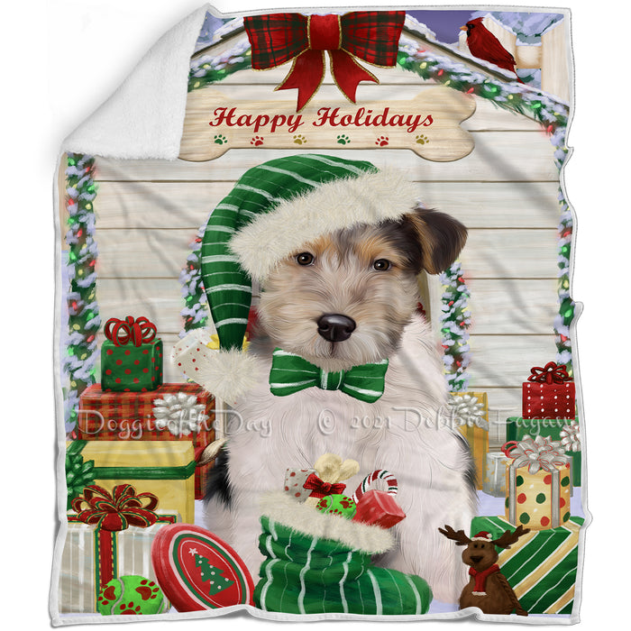 Happy Holidays Christmas Wire Fox Terrier House with Presents Blanket BLNKT142150