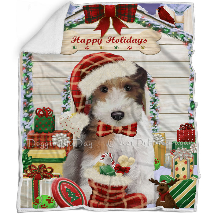 Happy Holidays Christmas Wire Fox Terrier House with Presents Blanket BLNKT142151