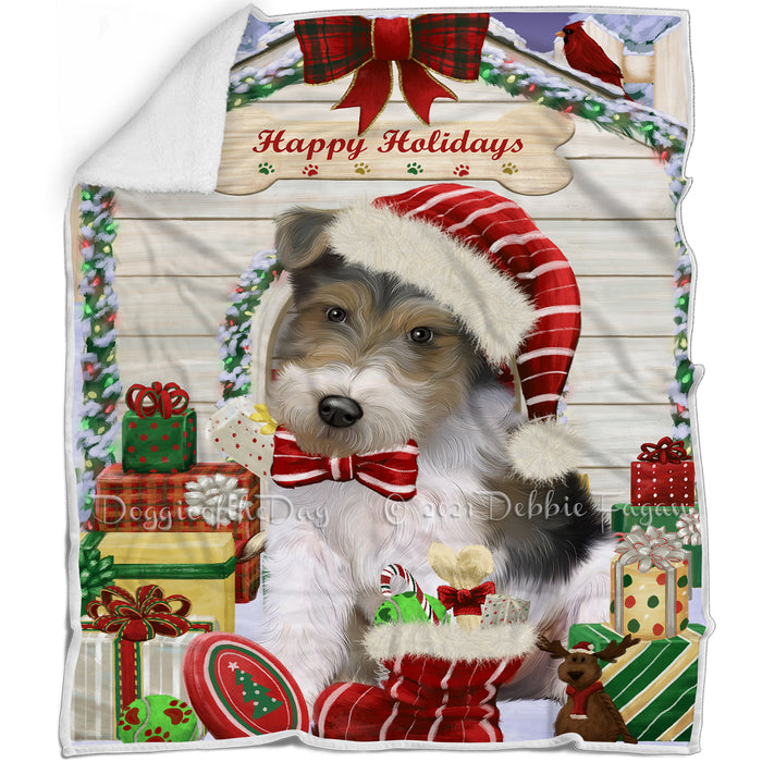 Happy Holidays Christmas Wire Fox Terrier House with Presents Blanket BLNKT142152