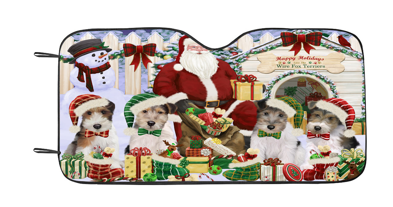Happy Holidays Christmas Wire Fox Terrier Dogs House Gathering Car Sun Shade