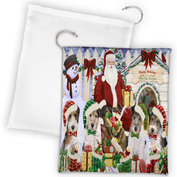 Happy Holidays Christmas Wire Fox Terrier Dogs House Gathering Drawstring Laundry or Gift Bag LGB48094