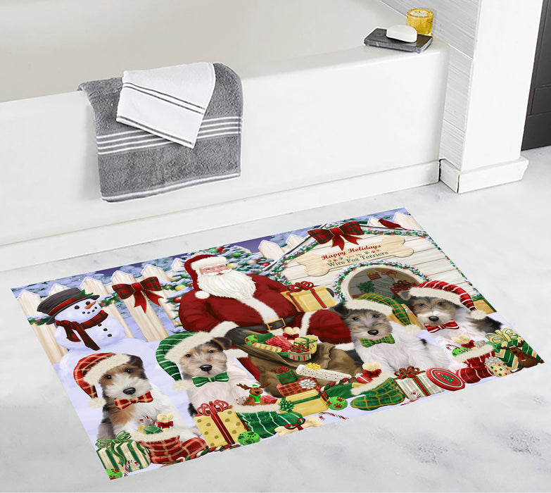 Happy Holidays Christma Wire Fox Terrier Dogs House Gathering Bath Mat