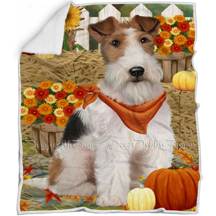 Fall Autumn Greeting Wire Fox Terrier Dog with Pumpkins Blanket BLNKT87501