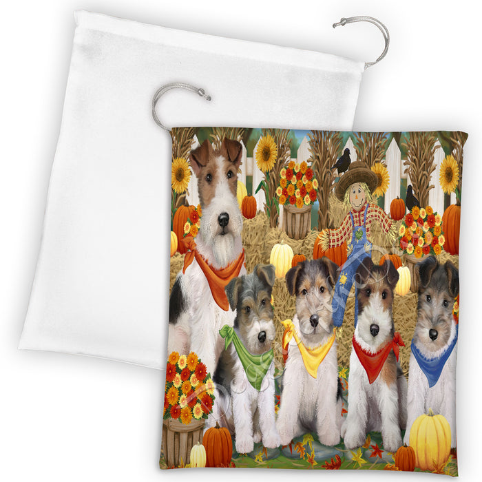 Fall Festive Harvest Time Gathering Wire Fox Terrier Dogs Drawstring Laundry or Gift Bag LGB48452