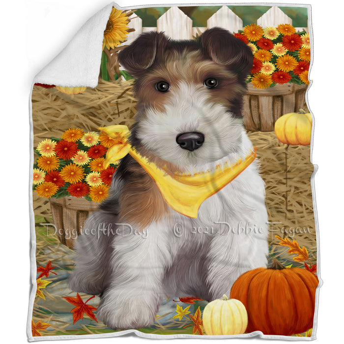 Fall Autumn Greeting Wire Fox Terrier Dog with Pumpkins Blanket BLNKT87510