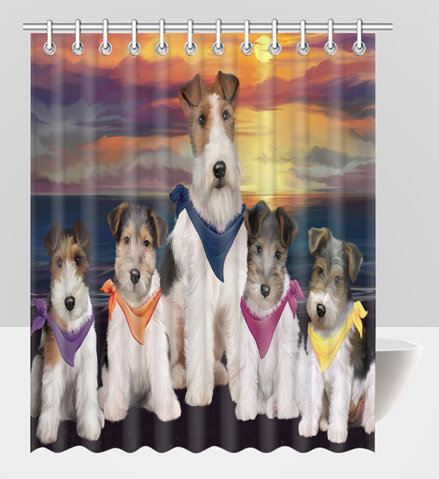 Family Sunset Portrait Wire Fox Terrier Dogs Shower Curtain
