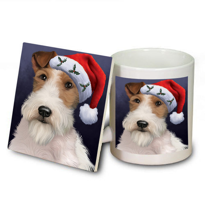 Christmas Holidays Wire Fox Terrier Dog Wearing Santa Hat Portrait Head Mug and Coaster Set MUC53500