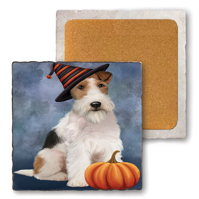 Happy Halloween Wire Fox Terrier Dog Wearing Witch Hat with Pumpkin Set of 4 Natural Stone Marble Tile Coasters MCST49752