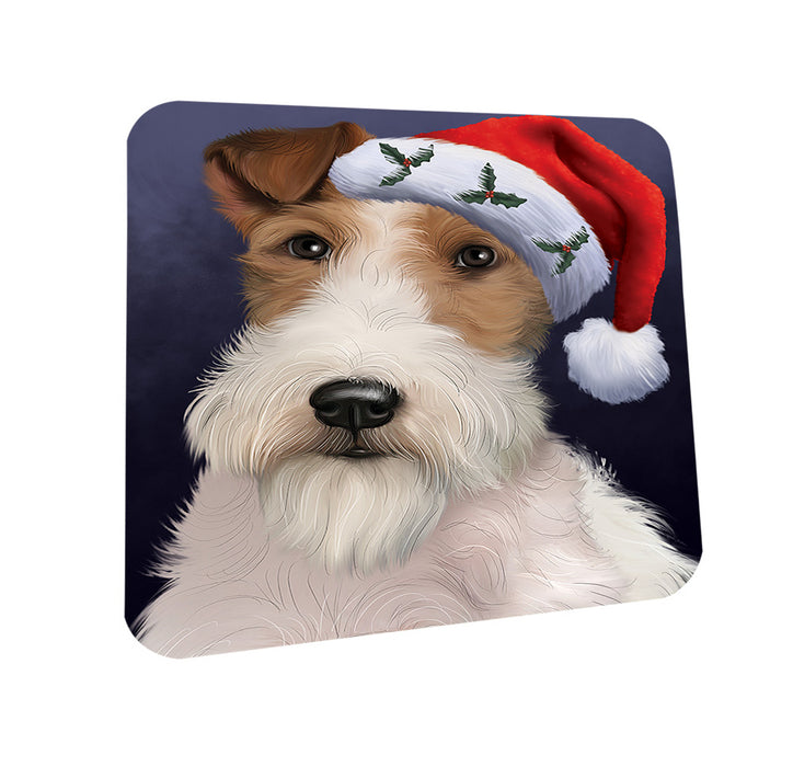 Christmas Holidays Wire Fox Terrier Dog Wearing Santa Hat Portrait Head Coasters Set of 4 CST53466