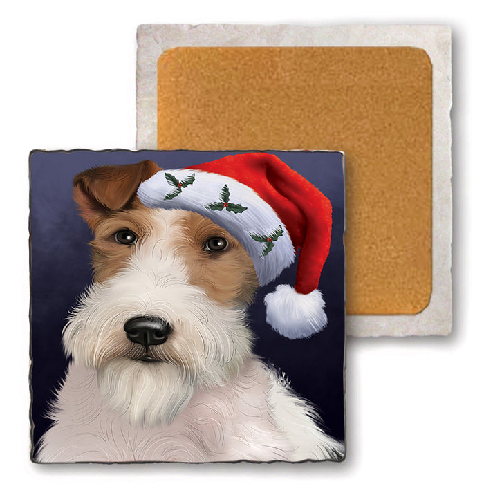 Christmas Holidays Wire Fox Terrier Dog Wearing Santa Hat Portrait Head Set of 4 Natural Stone Marble Tile Coasters MCST48508