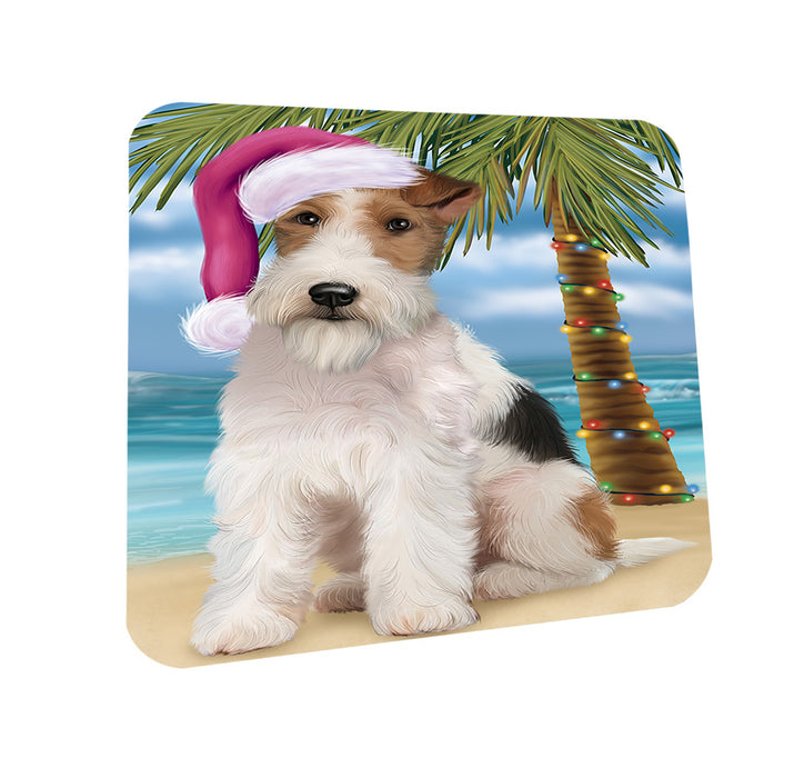 Summertime Happy Holidays Christmas Wire Fox Terrier Dog on Tropical Island Beach Coasters Set of 4 CST54427