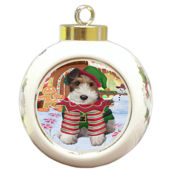 Christmas Gingerbread House Candyfest Wire Fox Terrier Dog Round Ball Christmas Ornament RBPOR56956