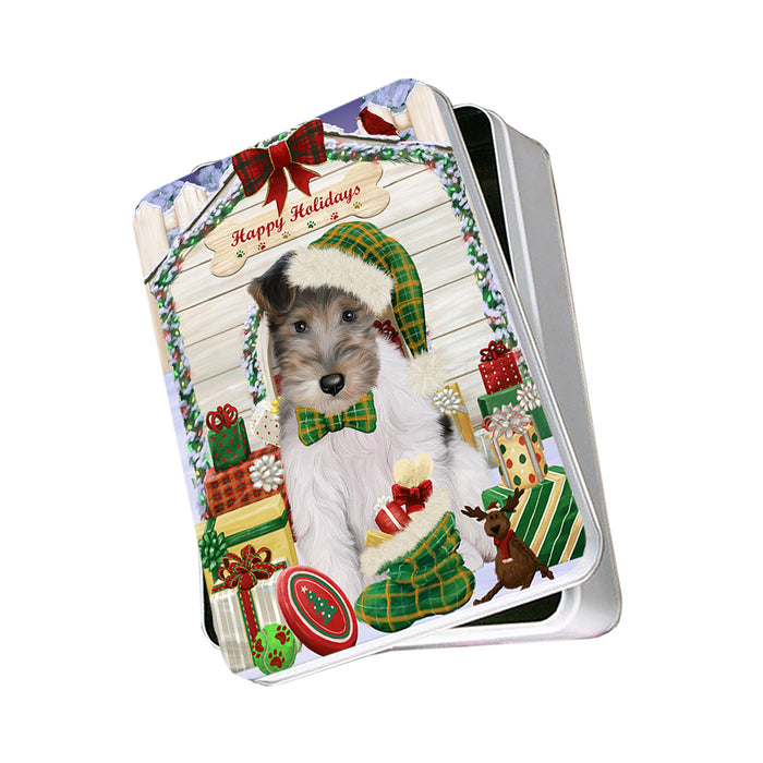 Happy Holidays Christmas Wire Fox Terrier Dog With Presents Photo Storage Tin PITN52698