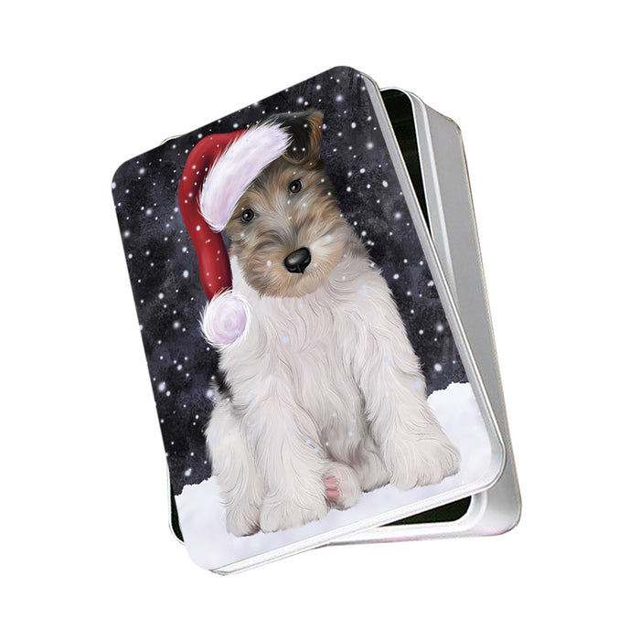Let it Snow Christmas Holiday Wire Fox Terrier Dog Wearing Santa Hat Photo Storage Tin PITN54278