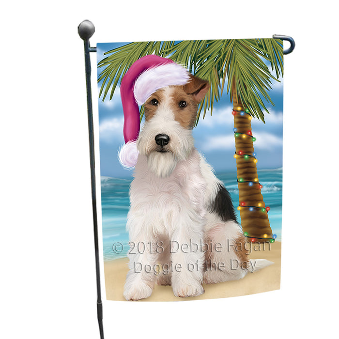 Summertime Happy Holidays Christmas Wire Fox Terrier Dog on Tropical Island Beach Garden Flag GFLG54659