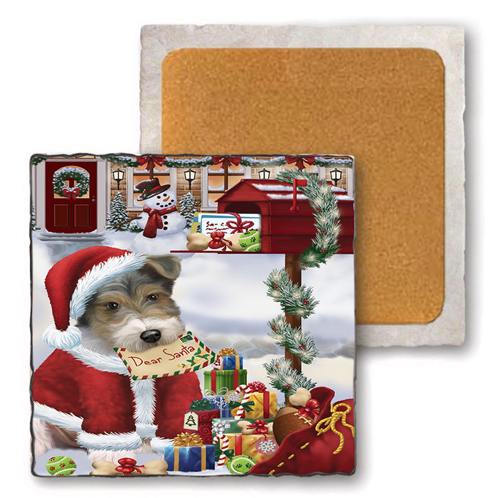 Wire Fox Terrier Dog Dear Santa Letter Christmas Holiday Mailbox Set of 4 Natural Stone Marble Tile Coasters MCST48561