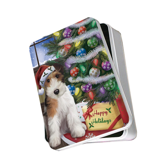 Christmas Happy Holidays Wire Fox Terrier Dog with Tree and Presents Photo Storage Tin PITN53480