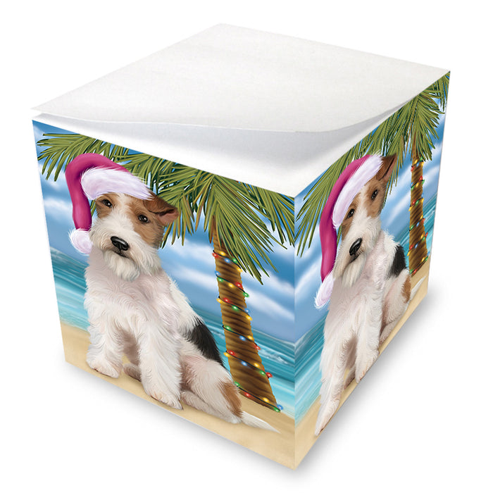 Summertime Happy Holidays Christmas Wire Fox Terrier Dog on Tropical Island Beach Note Cube NOC56115