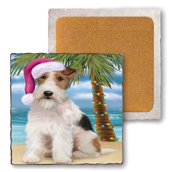 Summertime Happy Holidays Christmas Wire Fox Terrier Dog on Tropical Island Beach Set of 4 Natural Stone Marble Tile Coasters MCST49469