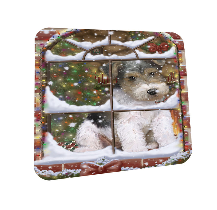 Please Come Home For Christmas Wire Fox Terrier Dog Sitting In Window Coasters Set of 4 CST53612