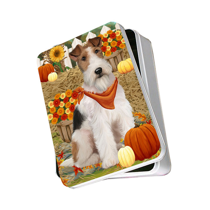 Fall Autumn Greeting Wire Fox Terrier Dog with Pumpkins Photo Storage Tin PITN52357