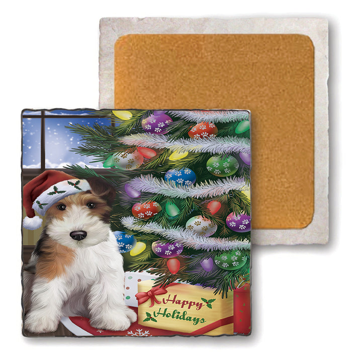 Christmas Happy Holidays Wire Fox Terrier Dog with Tree and Presents Set of 4 Natural Stone Marble Tile Coasters MCST48480